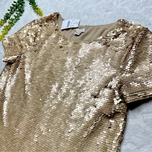 J. Crew Factory Matte Gold Full Sequin Short Sleeve T-Shirt Top Blouse NWT XXS - Picture 3 of 11
